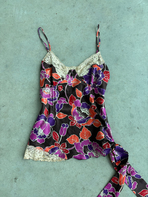 2000s mix it floral side tie top with lace trim