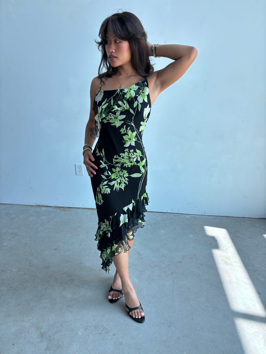 vintage cache 100% silk beaded floral asymmetrical midi dress