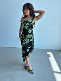 vintage cache 100% silk beaded floral asymmetrical midi dress