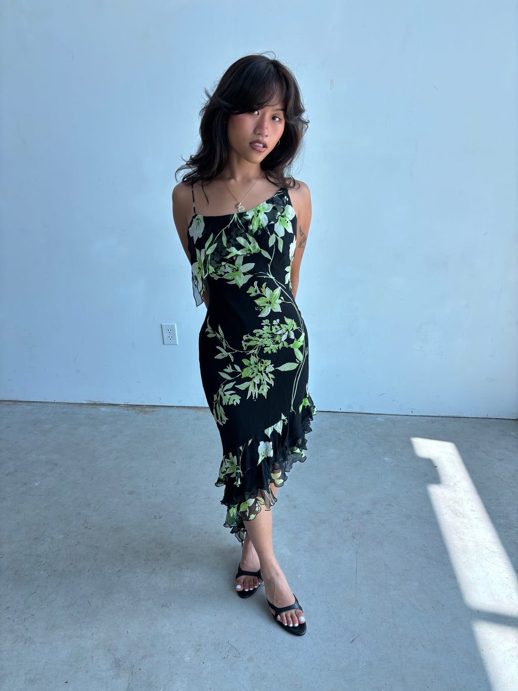 vintage cache 100% silk beaded floral asymmetrical midi dress