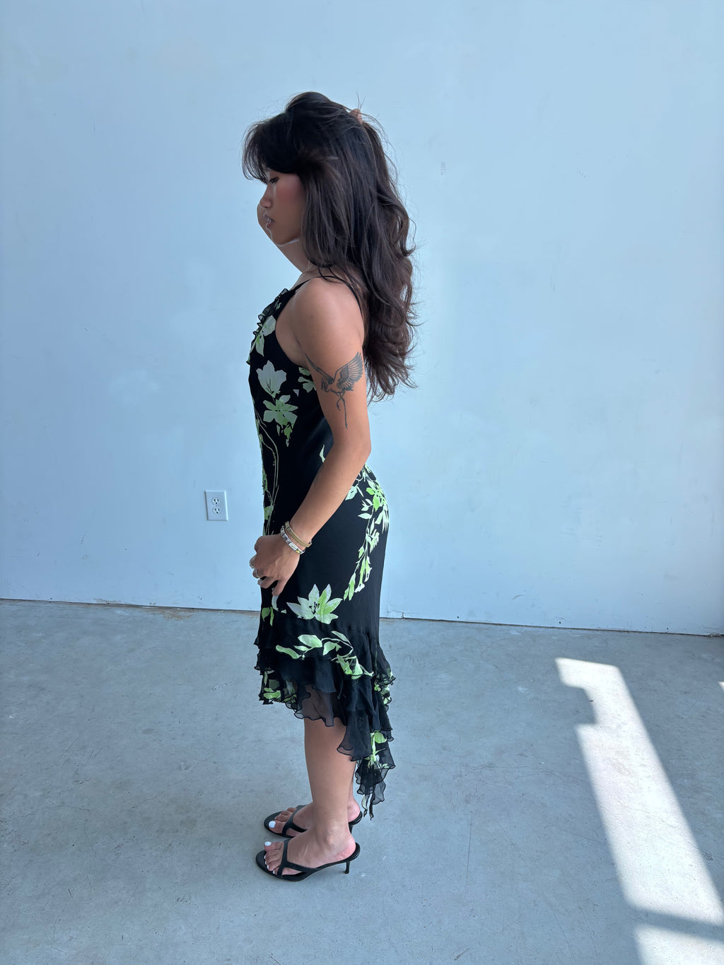 vintage cache 100% silk beaded floral asymmetrical midi dress