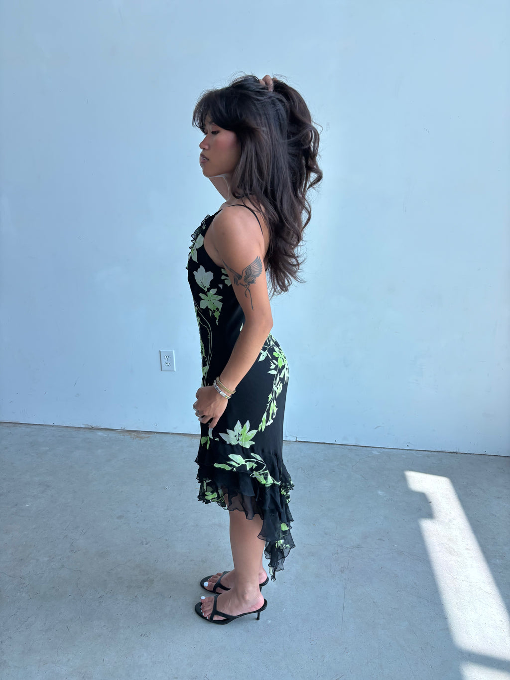 vintage cache 100% silk beaded floral asymmetrical midi dress
