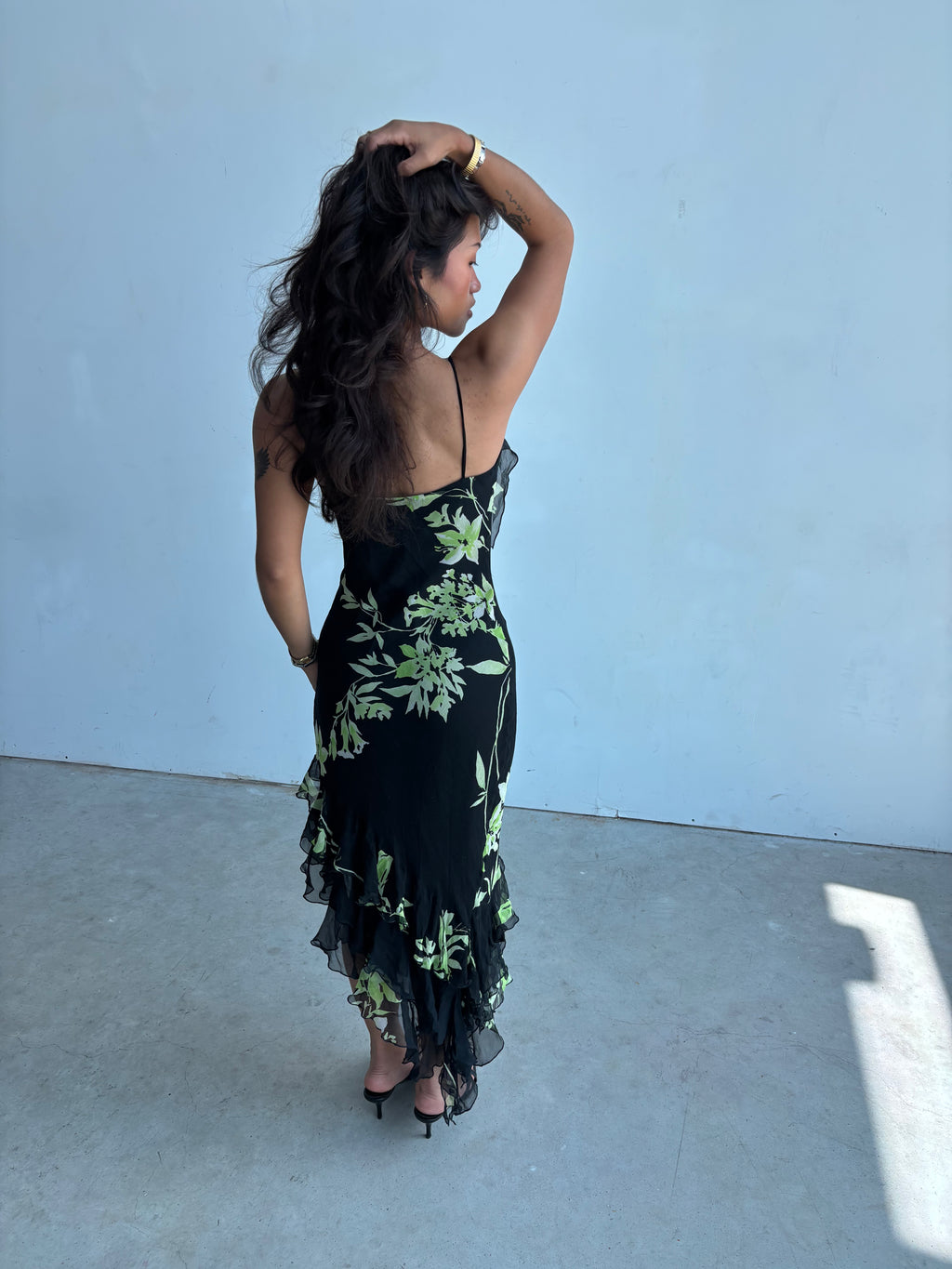 vintage cache 100% silk beaded floral asymmetrical midi dress