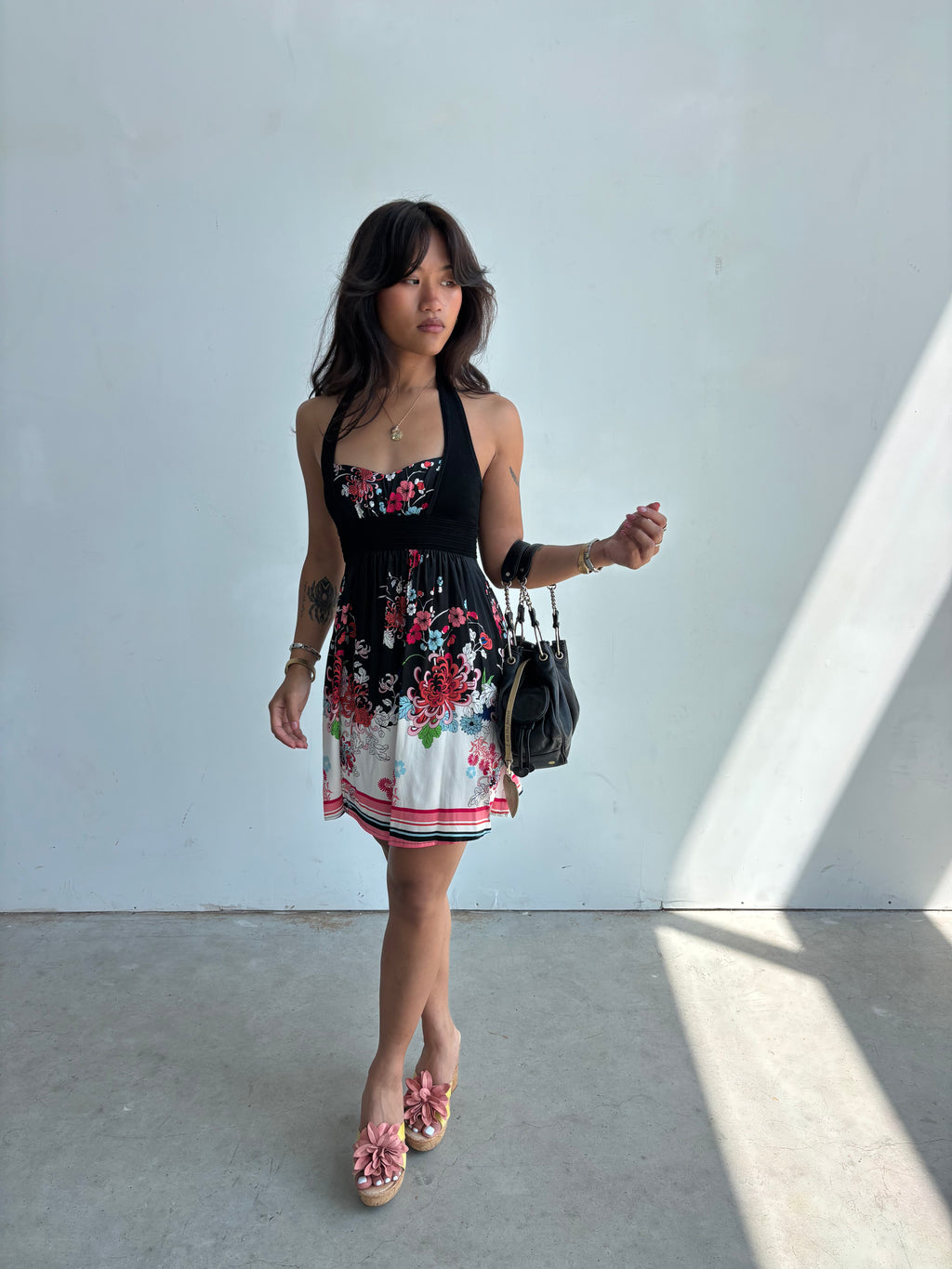 Bebe silk floral halter mini dress