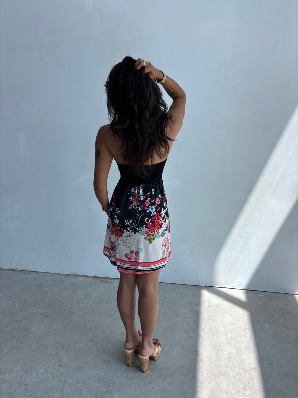 Bebe silk floral halter mini dress