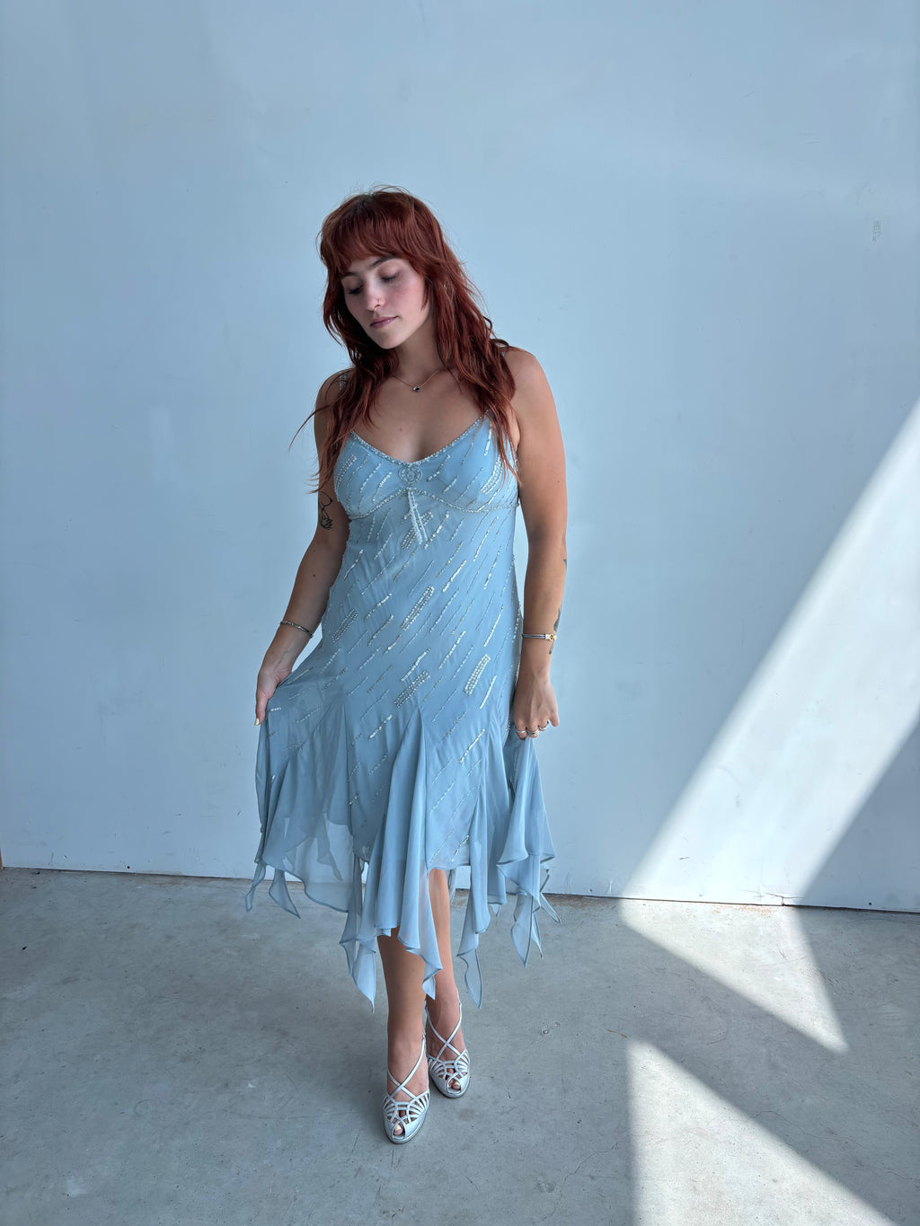 powder blue beaded jellyfish formal midi dress
