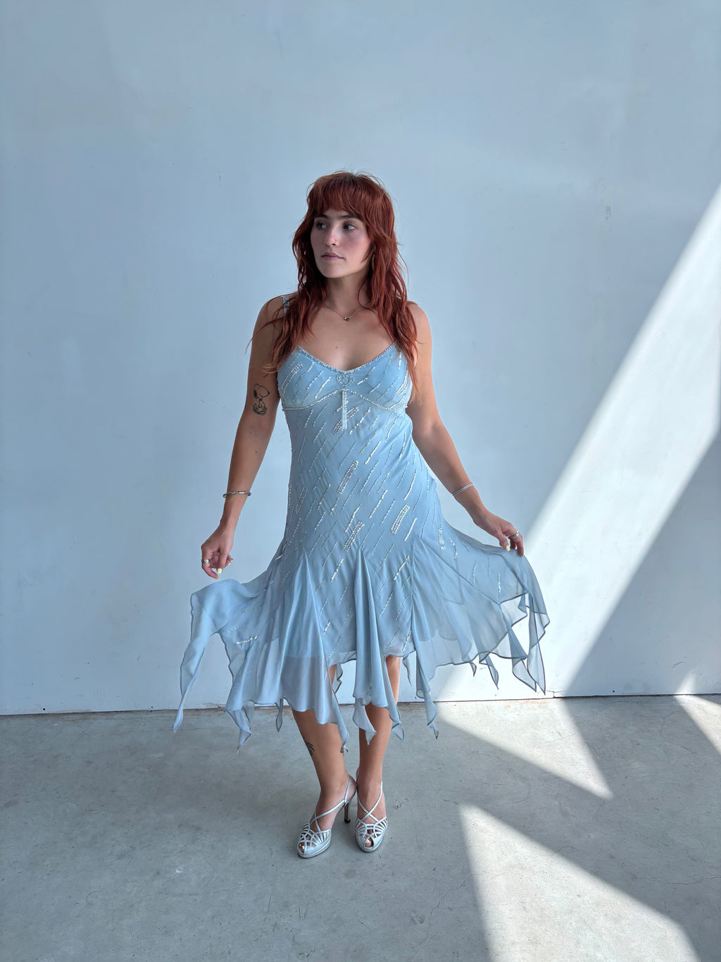 powder blue beaded jellyfish formal midi dress