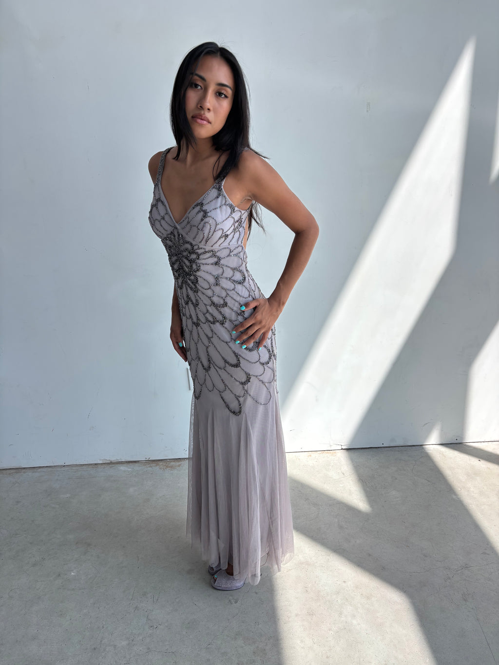 vintage adrianna papell lilac beaded backless gown