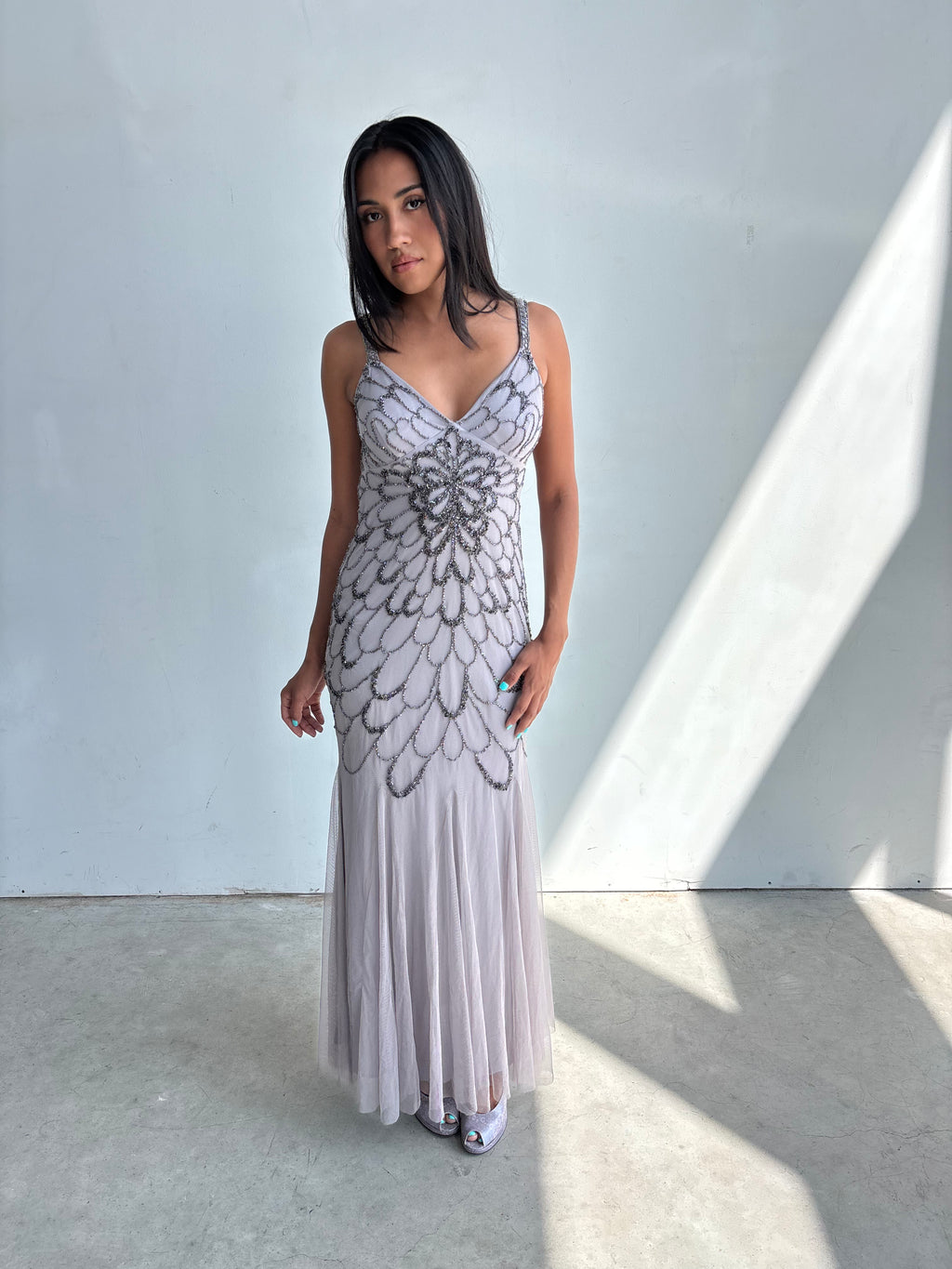 vintage adrianna papell lilac beaded backless gown