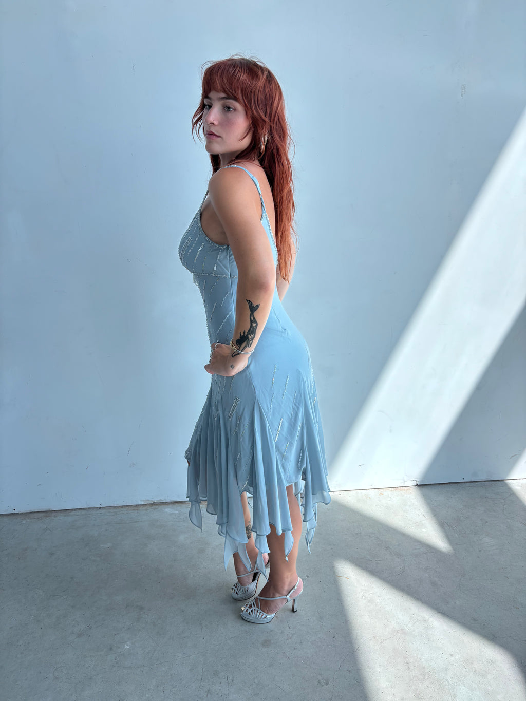powder blue beaded jellyfish formal midi dress