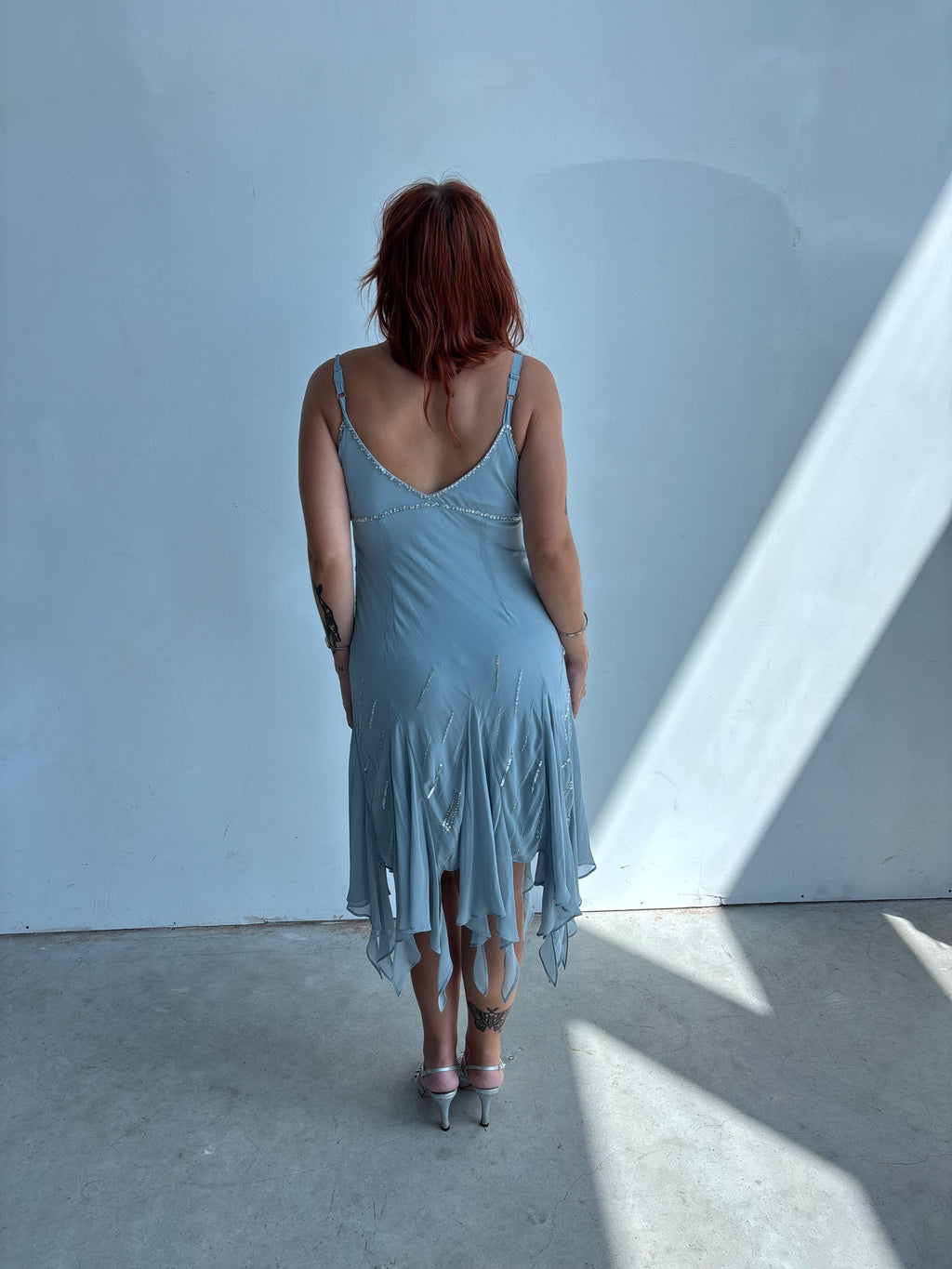 powder blue beaded jellyfish formal midi dress