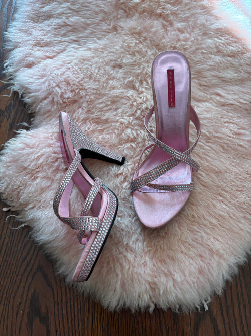 2000s pink rhinestone studded strappy heels