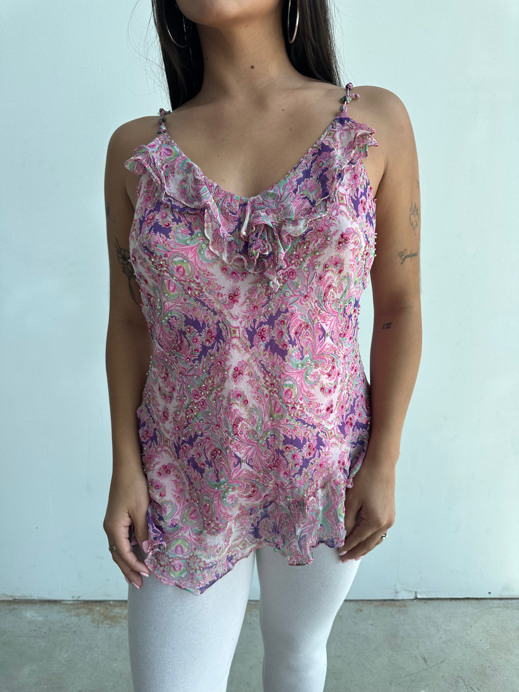 Silk asymmetrical beaded top