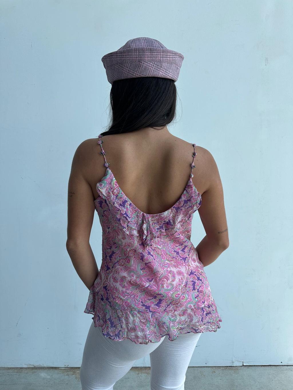 Silk asymmetrical beaded top