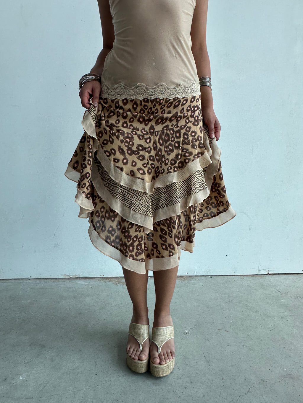 Silk asymmetrical animal print skirt