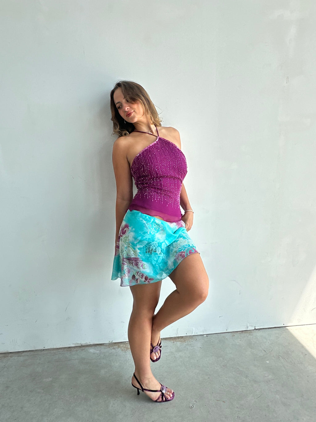 Purple silk beaded halter top