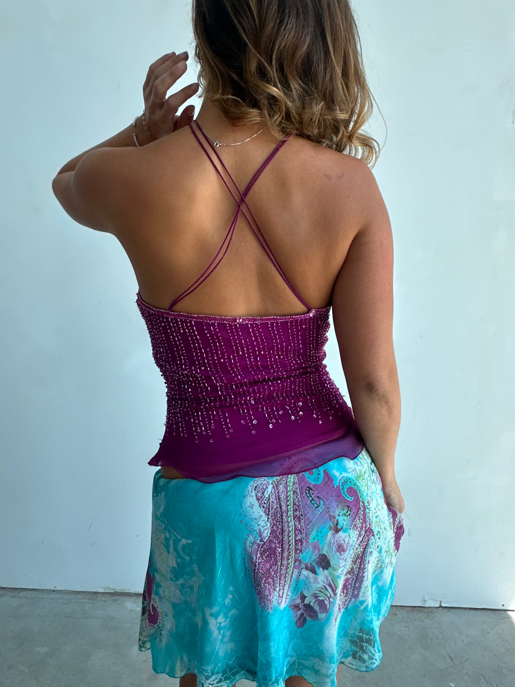 Purple silk beaded halter top