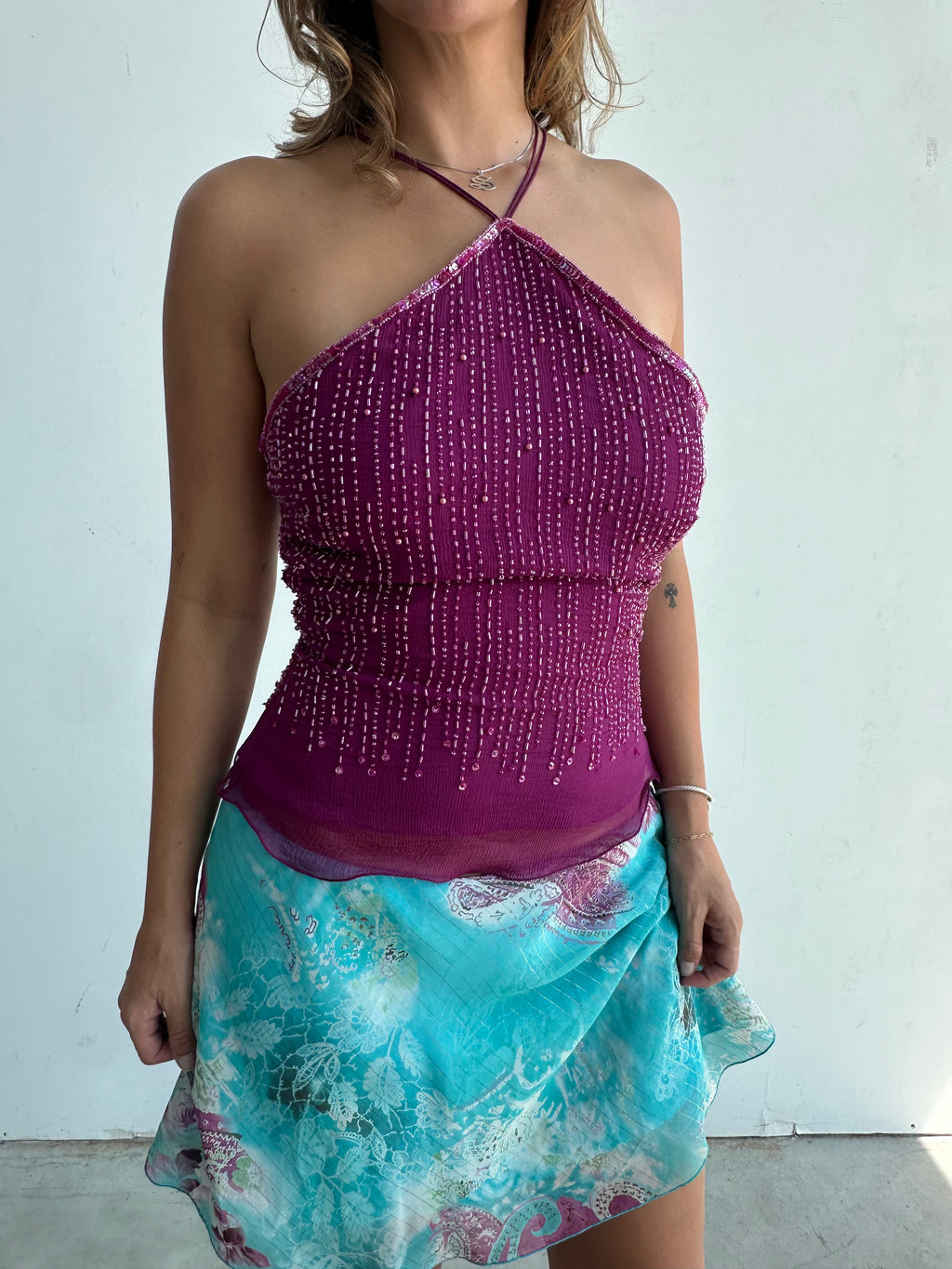Purple silk beaded halter top