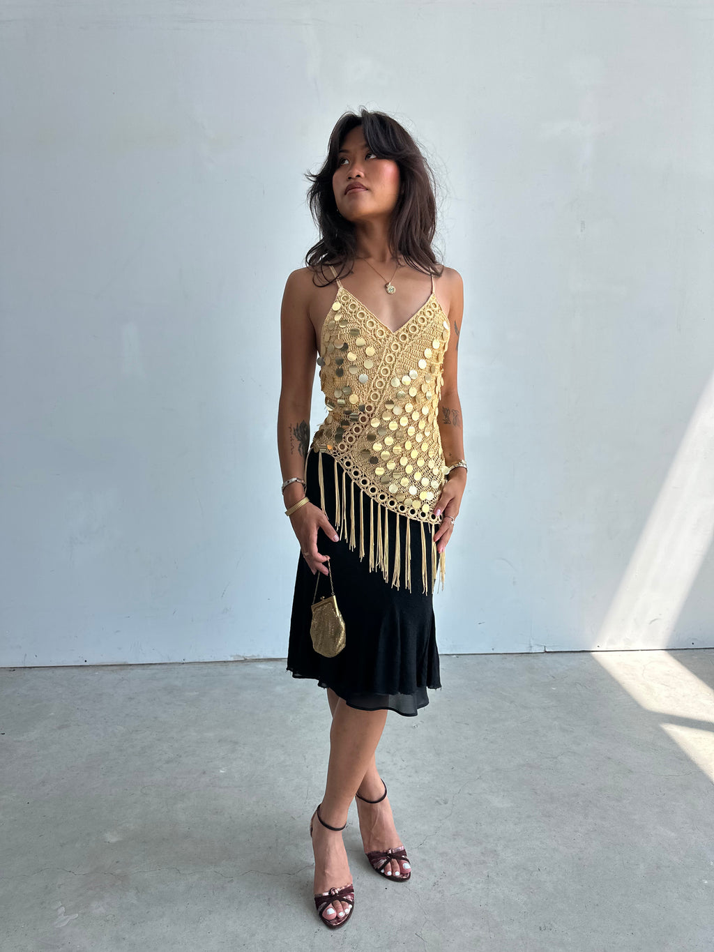 Gold sequin fringe top