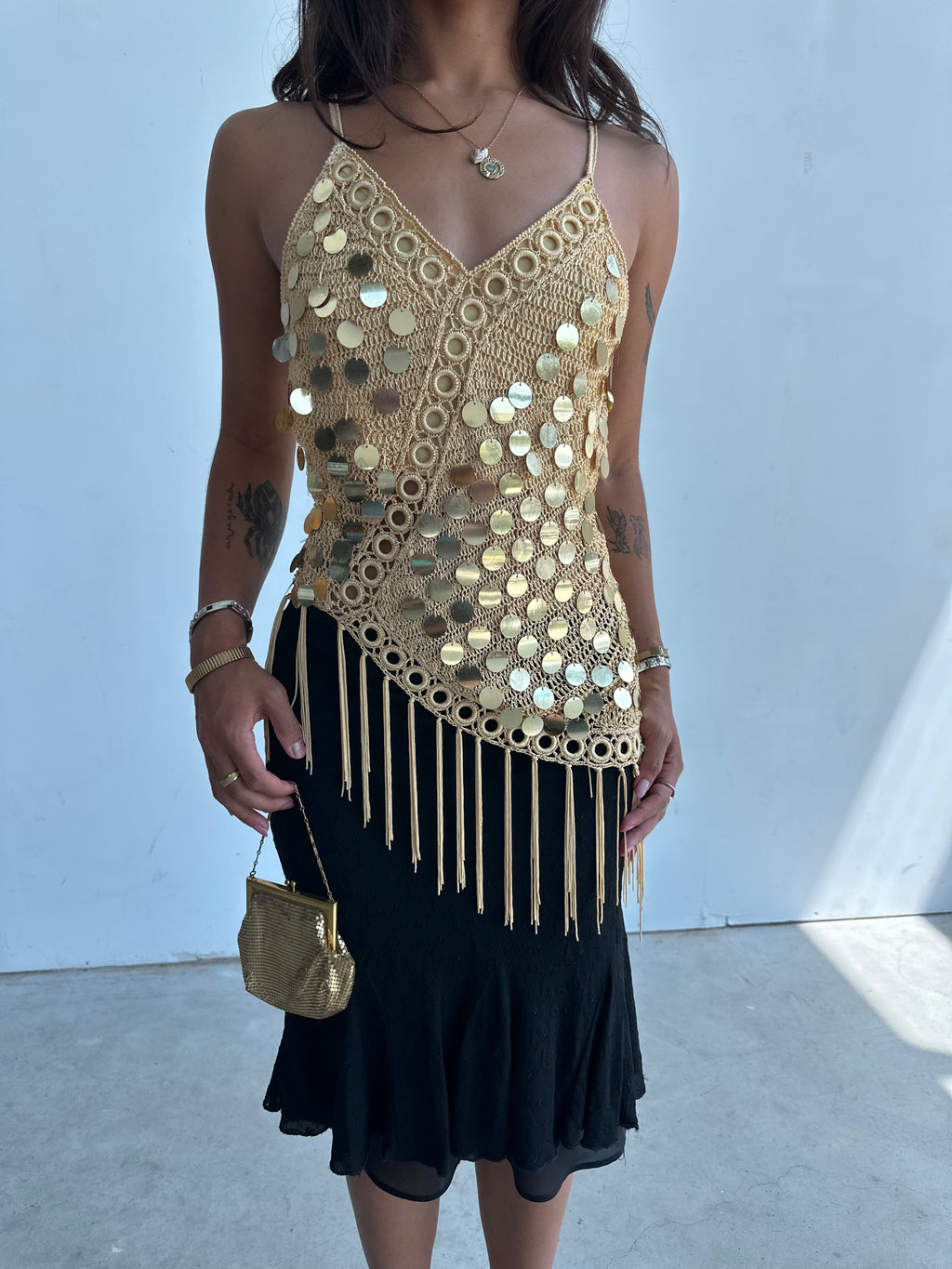 Gold sequin fringe top