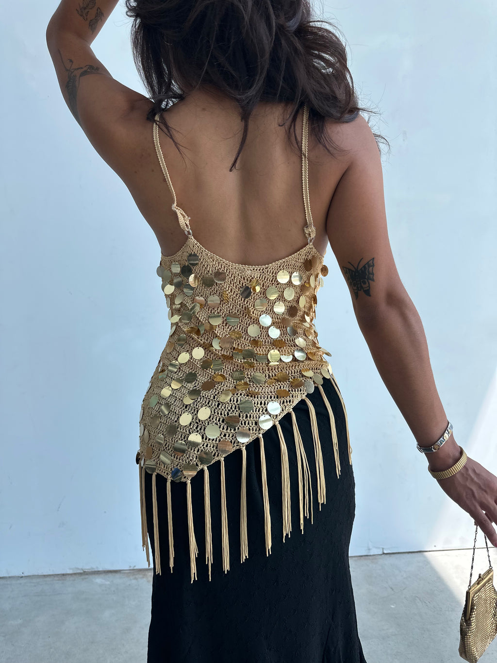 Gold sequin fringe top