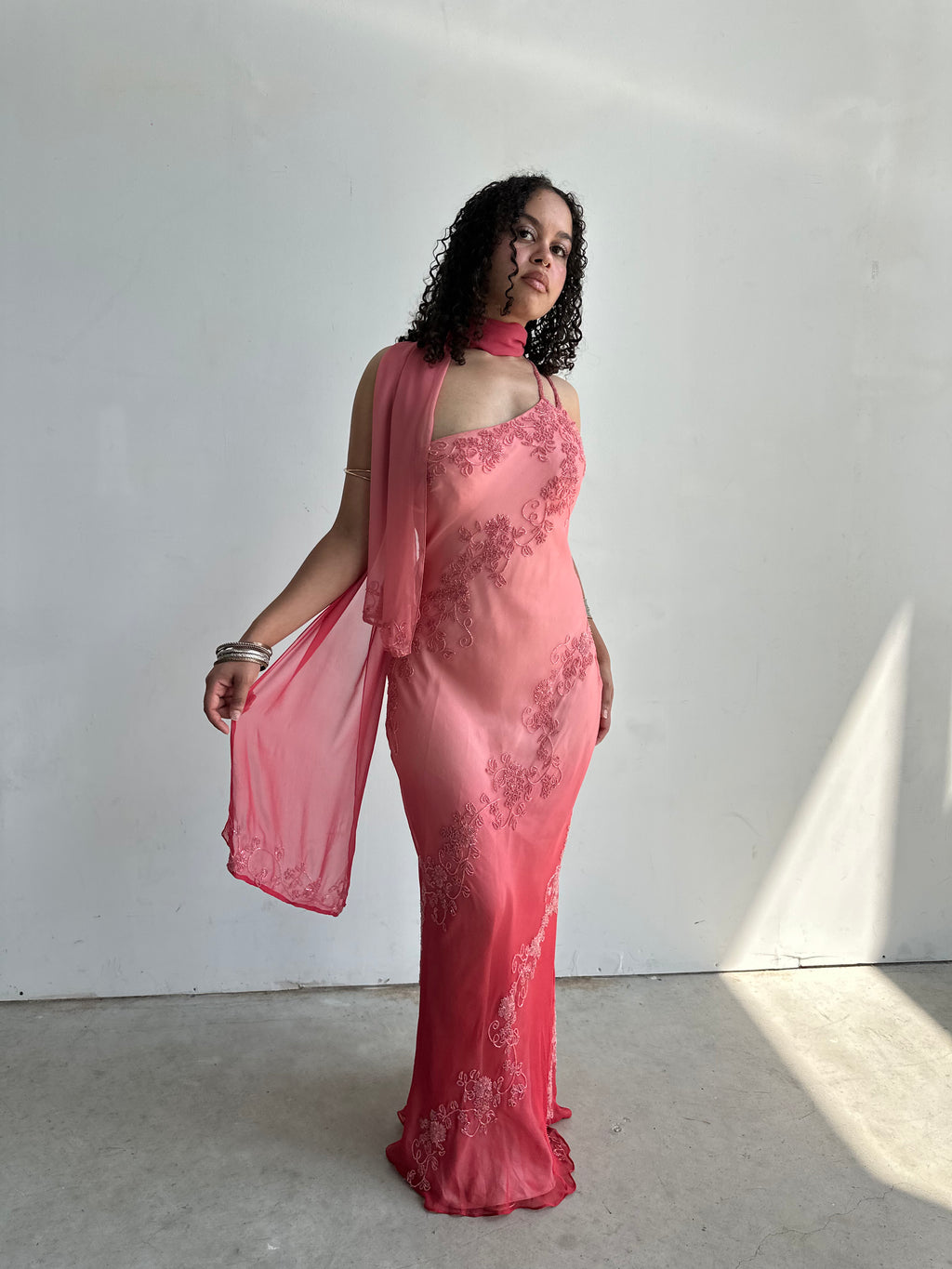 Scala beaded silk gown and scarf set