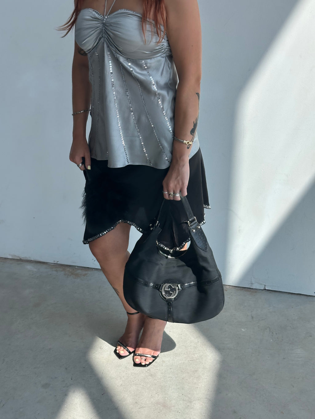 Y2k 100% buttery silk silver sequin halter top