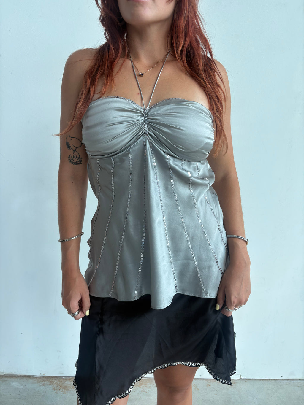 Y2k 100% buttery silk silver sequin halter top