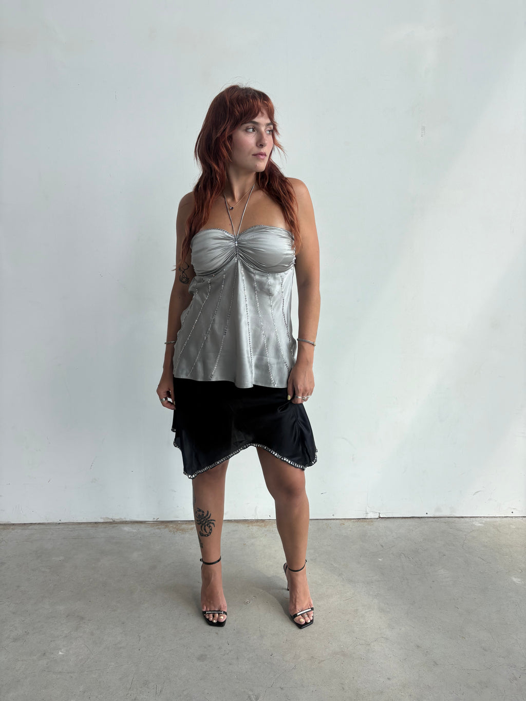 Y2k 100% buttery silk silver sequin halter top