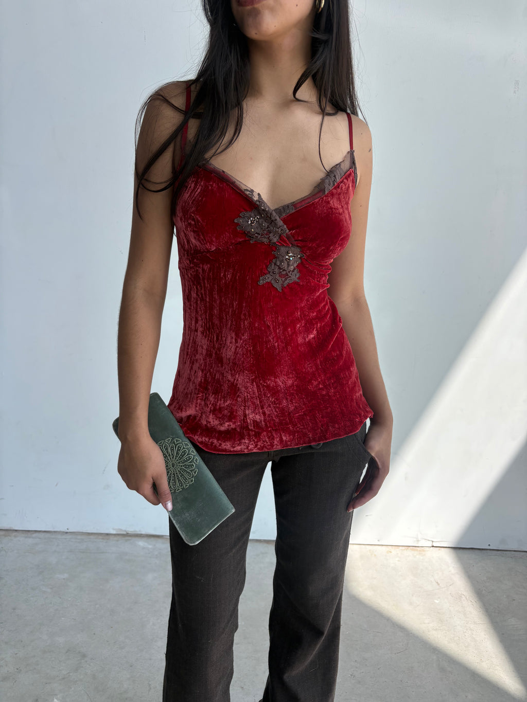 Y2k Blood orange velvet and brown sequin lace appliqué camisole