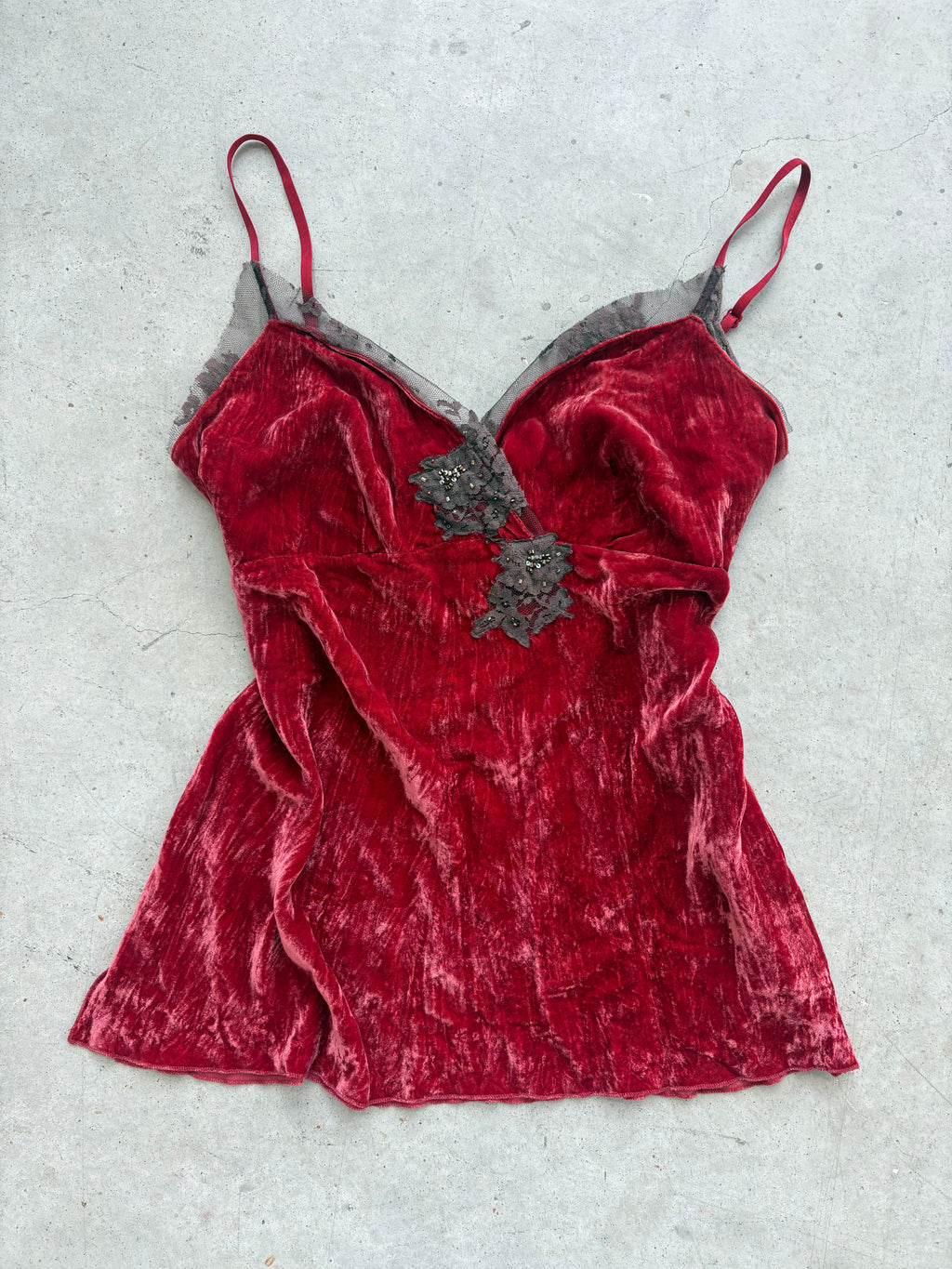 Y2k Blood orange velvet and brown sequin lace appliqué camisole