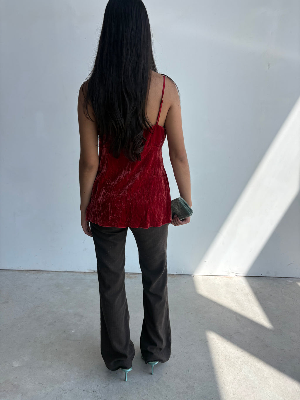 Y2k Blood orange velvet and brown sequin lace appliqué camisole
