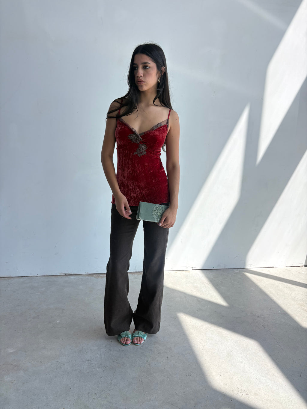 Y2k Blood orange velvet and brown sequin lace appliqué camisole