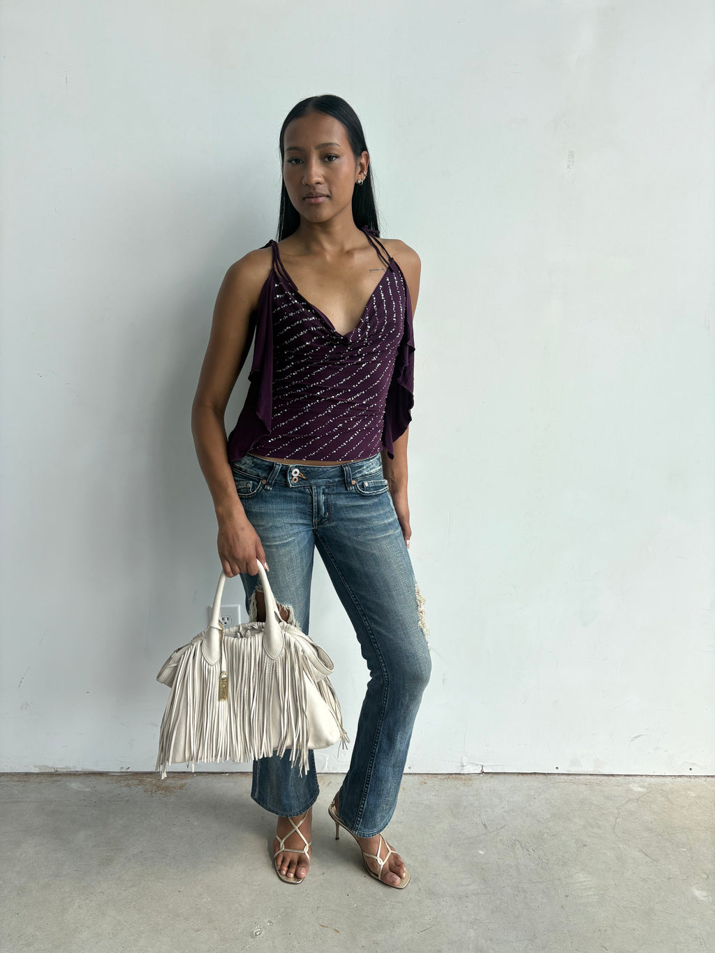 Y2k Slinky deep purple sequin cowl neck tank top