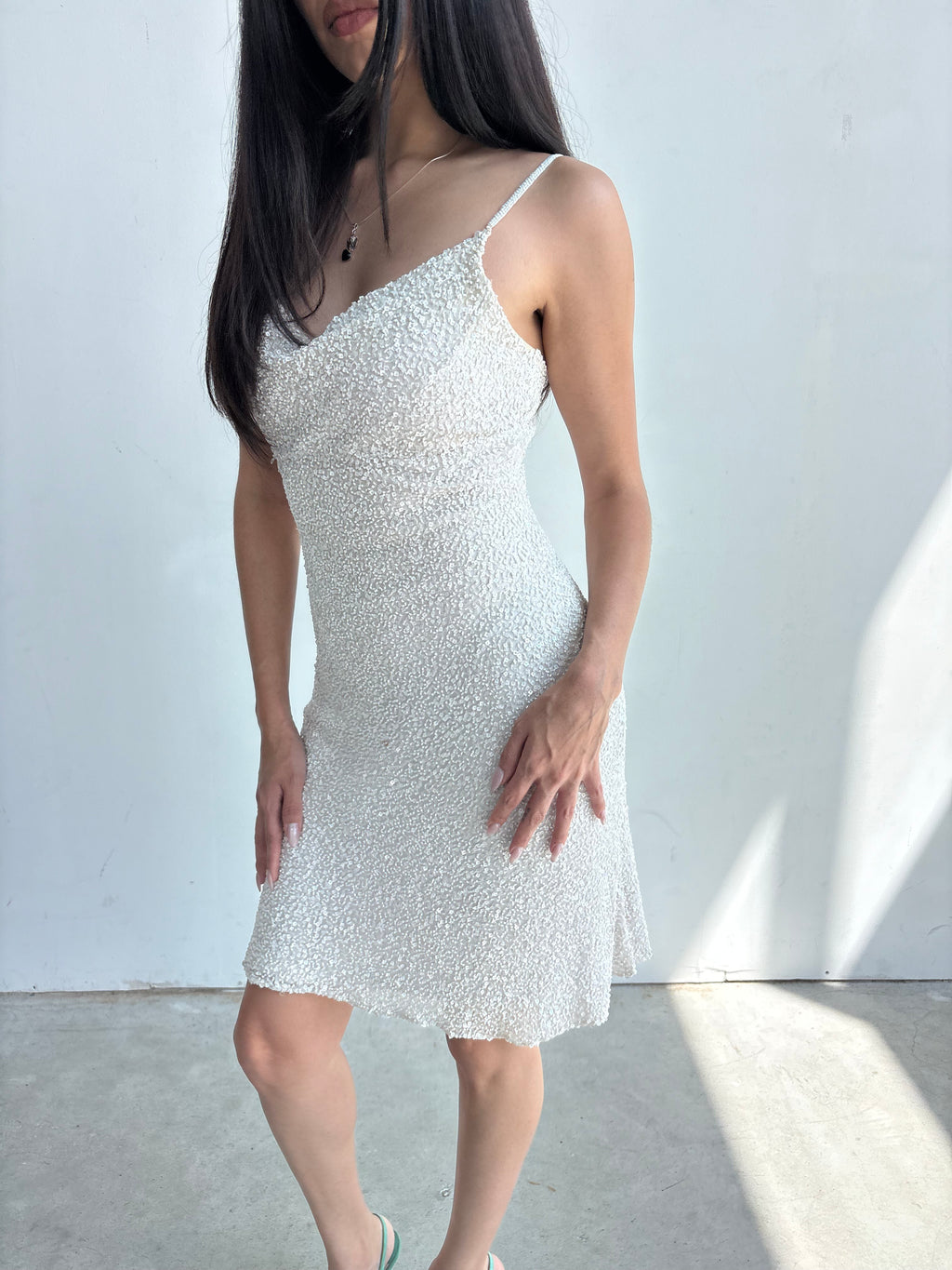 Vintage Scala white fully beaded silk cowl neck dress