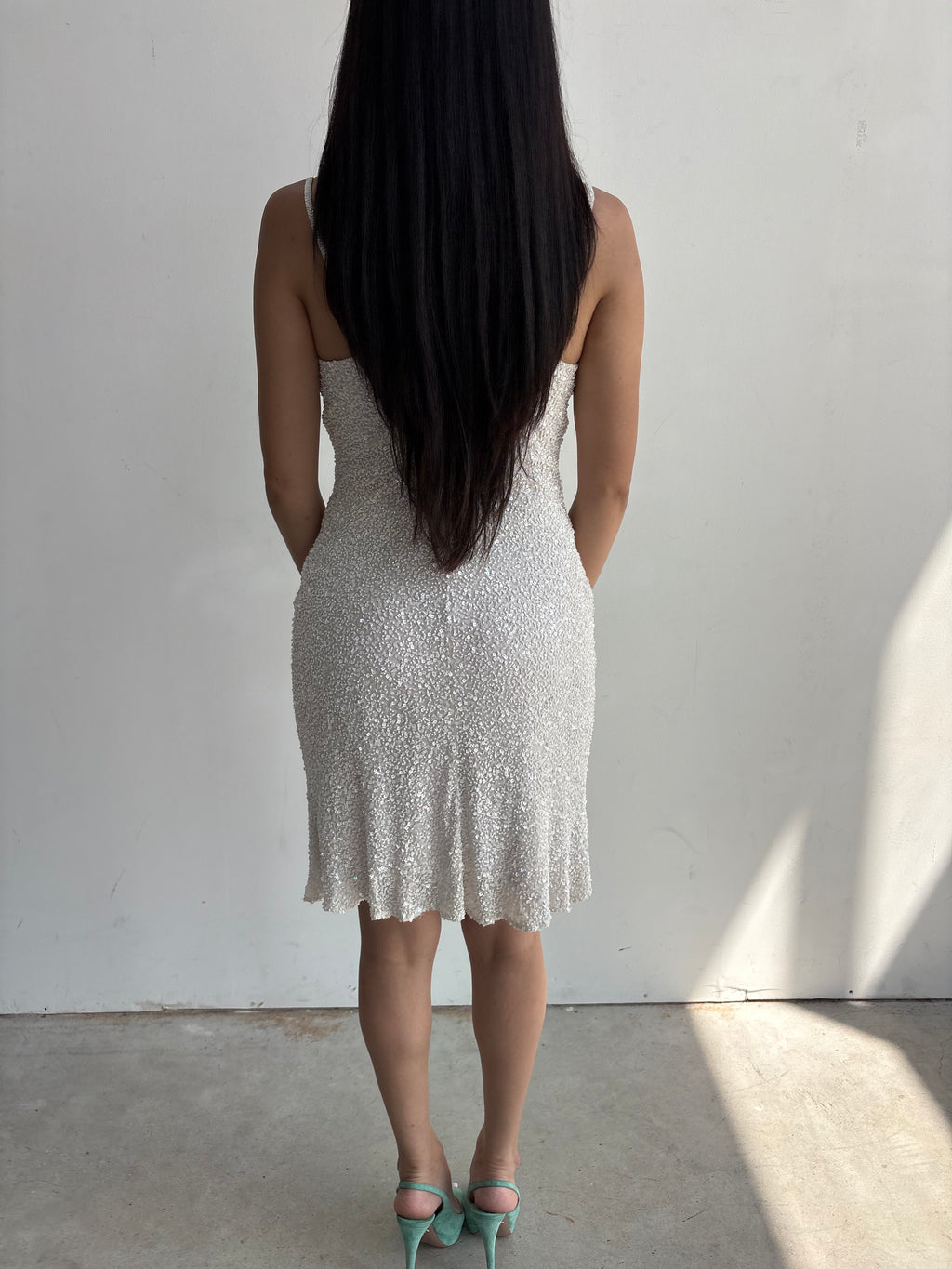 Vintage Scala white fully beaded silk cowl neck dress