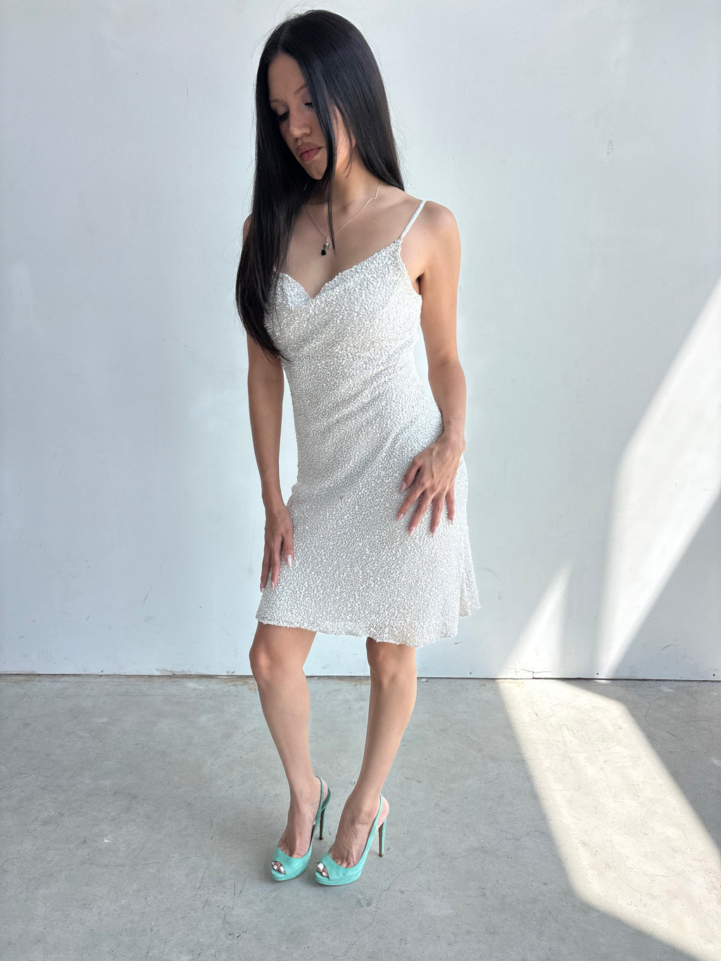 Vintage Scala white fully beaded silk cowl neck dress