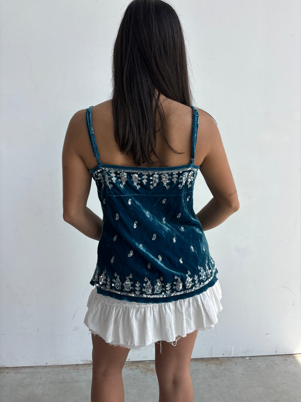 Y2k Turquoise velvet silver and sequin paisley embroidered camisole