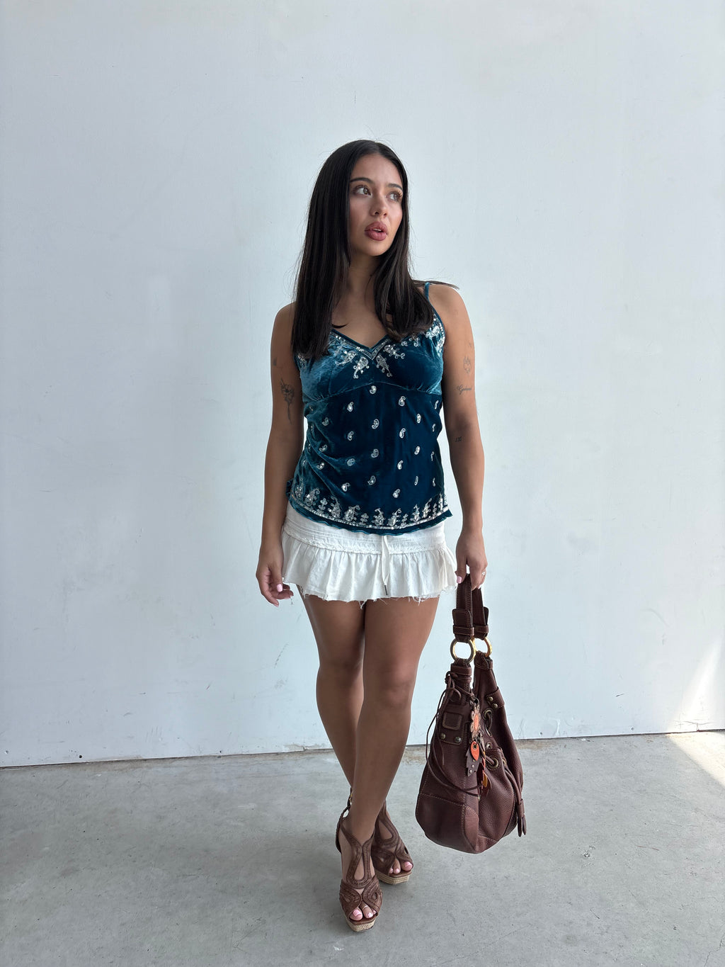 Y2k Turquoise velvet silver and sequin paisley embroidered camisole
