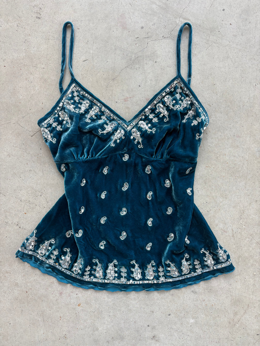 Y2k Turquoise velvet silver and sequin paisley embroidered camisole
