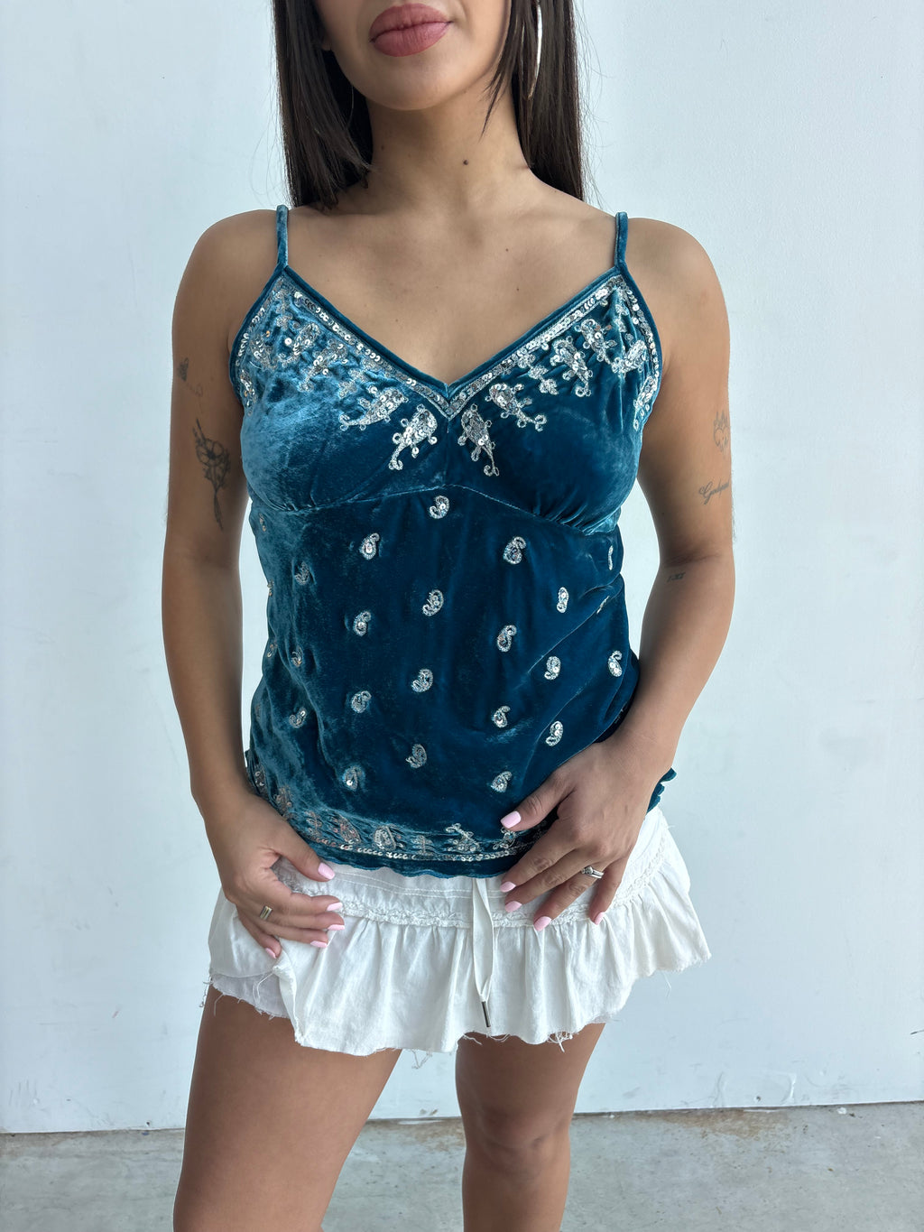 Y2k Turquoise velvet silver and sequin paisley embroidered camisole
