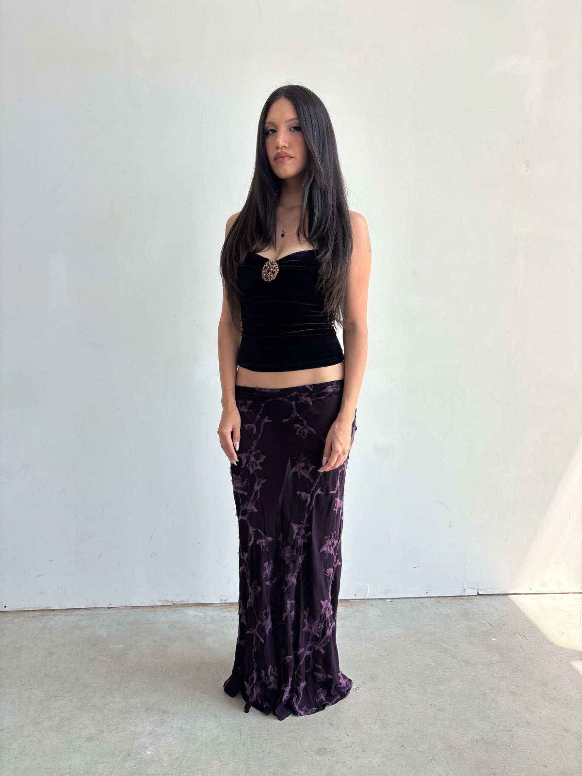 Vintage euro plum maxi skirt with mohair floral design details