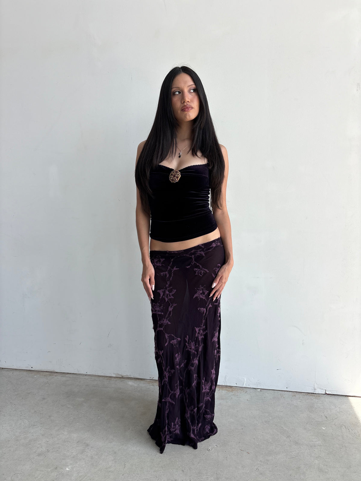 Vintage euro plum maxi skirt with mohair floral design details