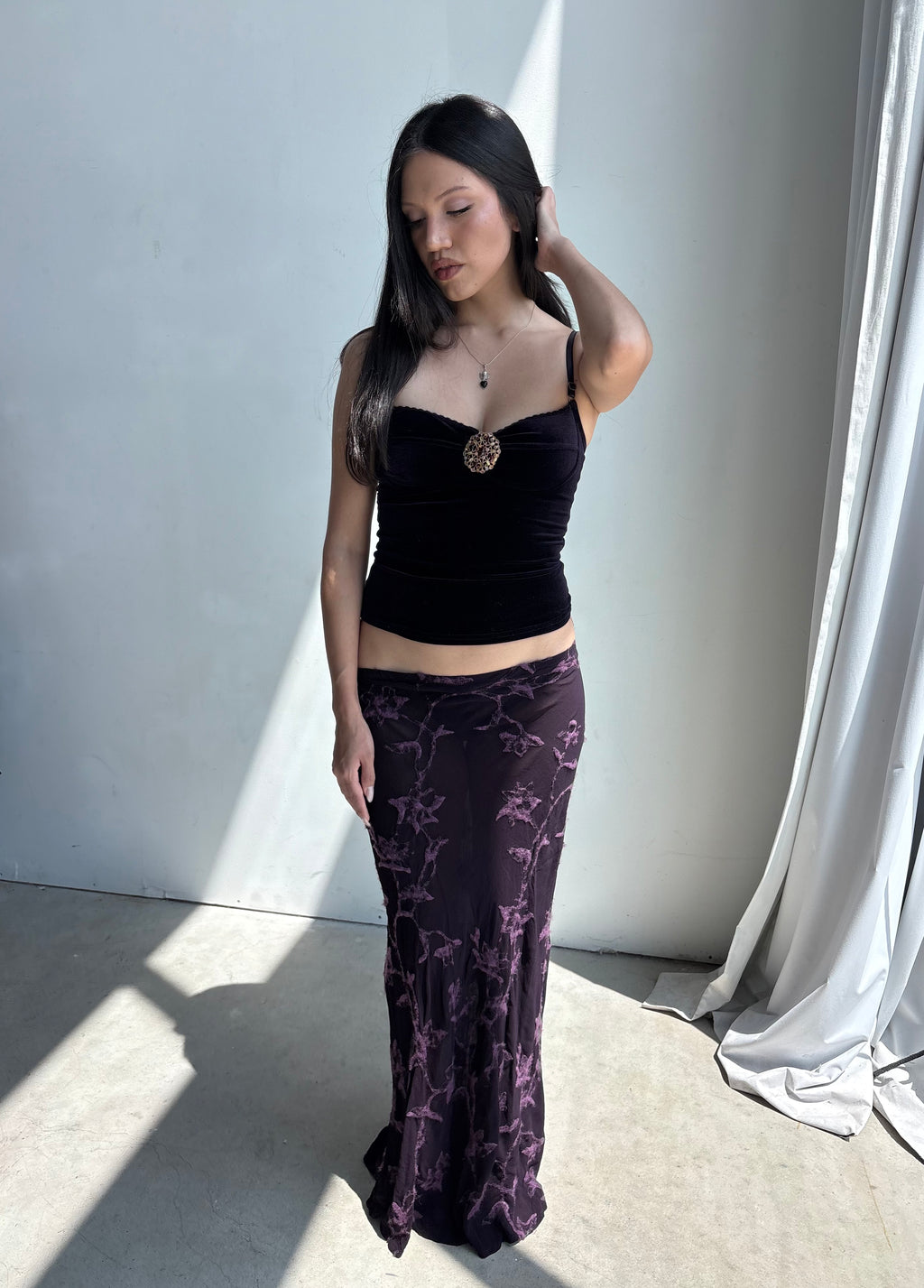 Vintage euro plum maxi skirt with mohair floral design details