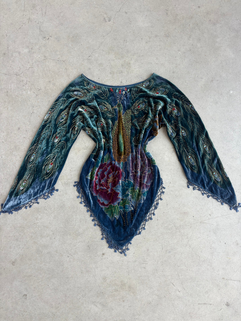 Vintage velvet beaded peacock asymmetrical fringe blouse