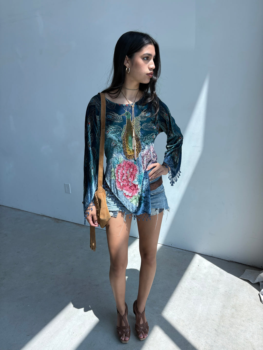 Vintage velvet beaded peacock asymmetrical fringe blouse