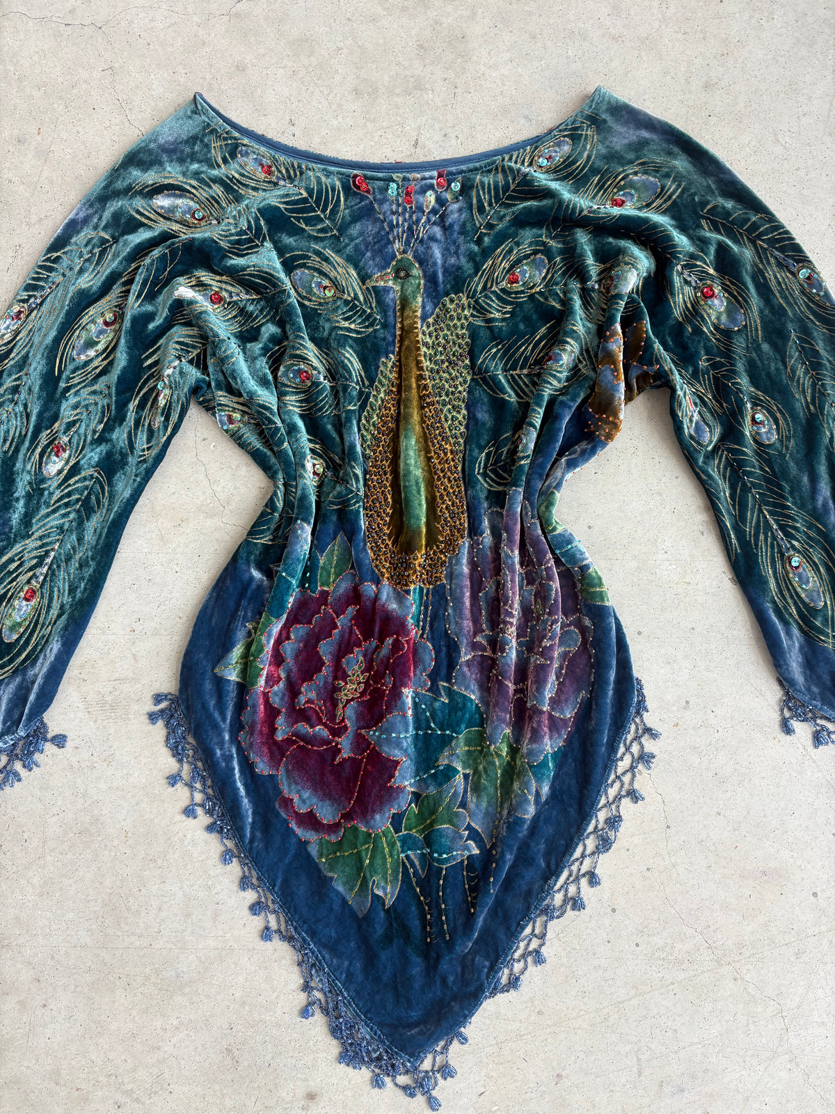 Vintage velvet beaded peacock asymmetrical fringe blouse