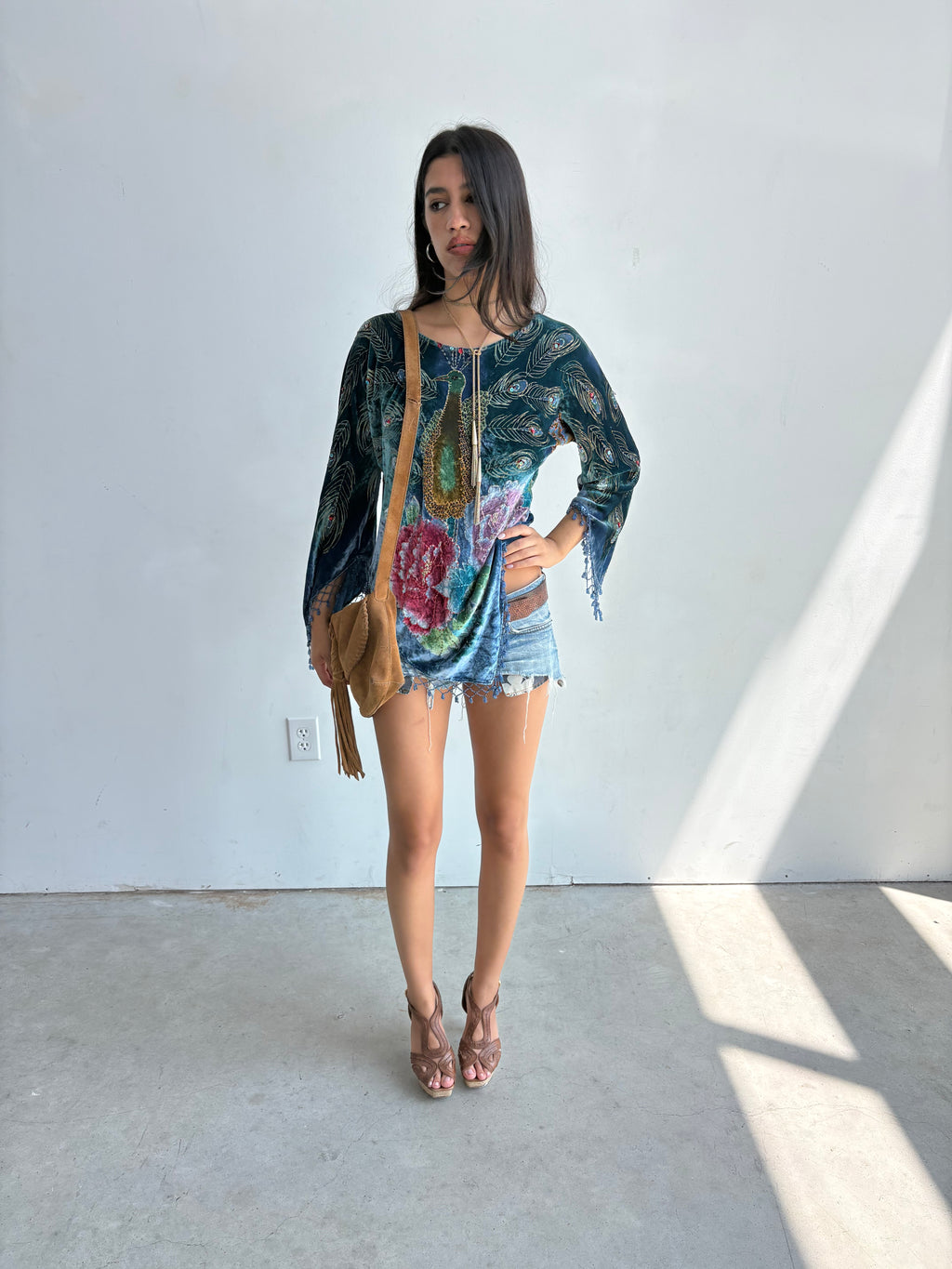 Vintage velvet beaded peacock asymmetrical fringe blouse