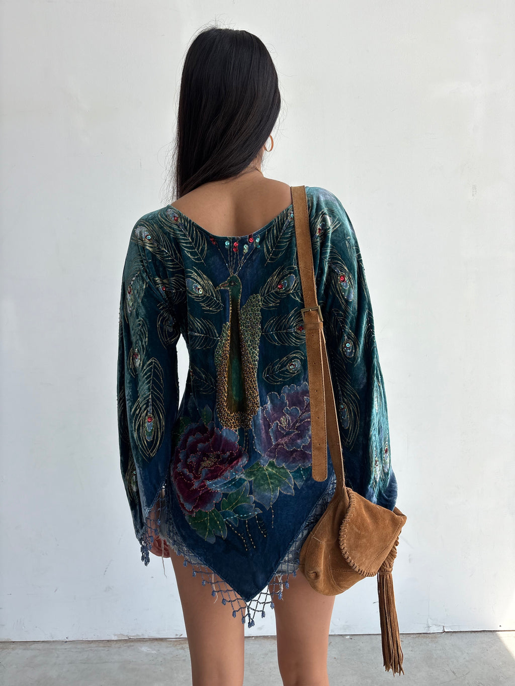 Vintage velvet beaded peacock asymmetrical fringe blouse