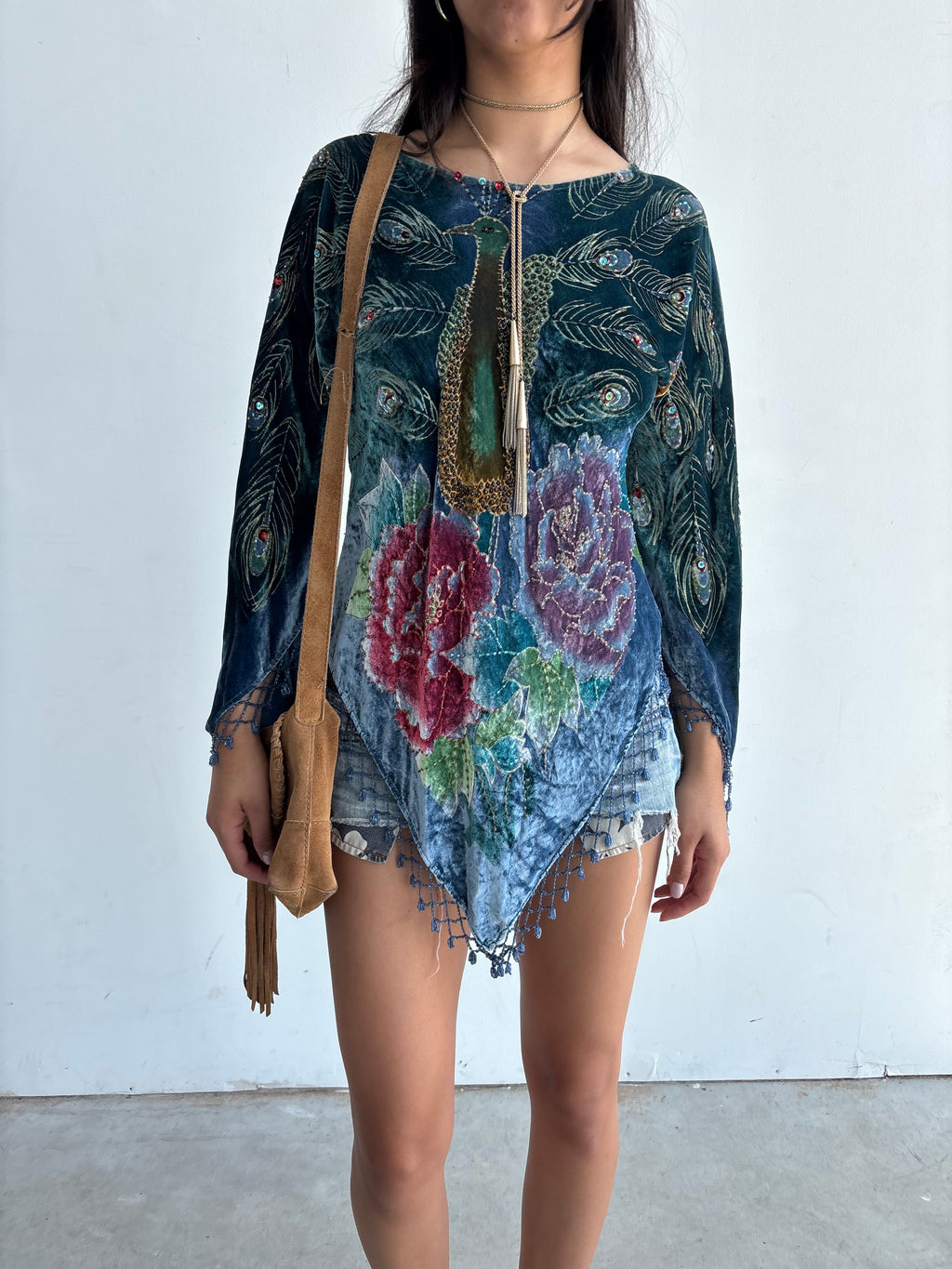 Vintage velvet beaded peacock asymmetrical fringe blouse